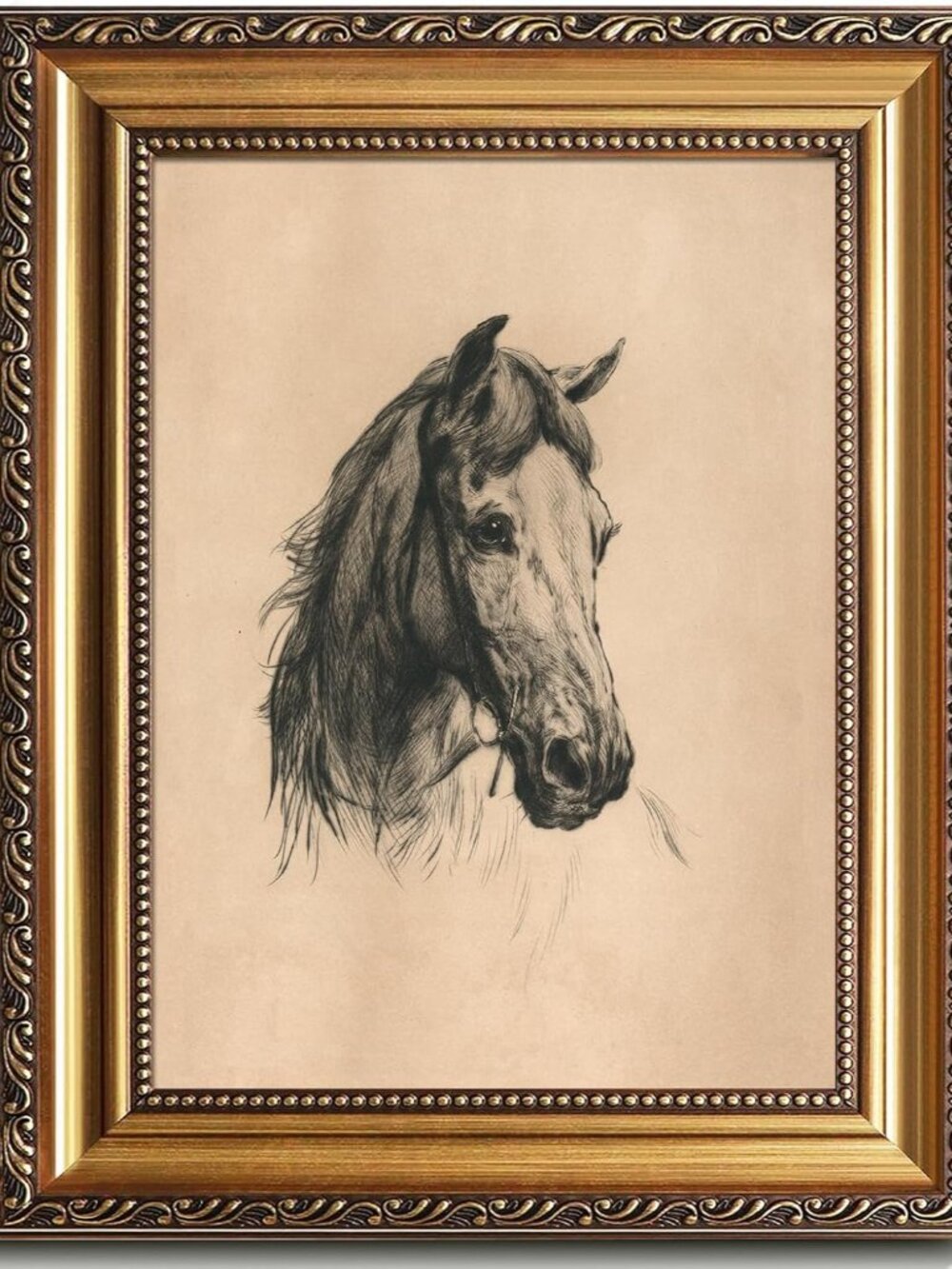 Vintage Gold Framed Wall Art, Farmhouse Decor Horse Etching Sketch Canvas Art Pr